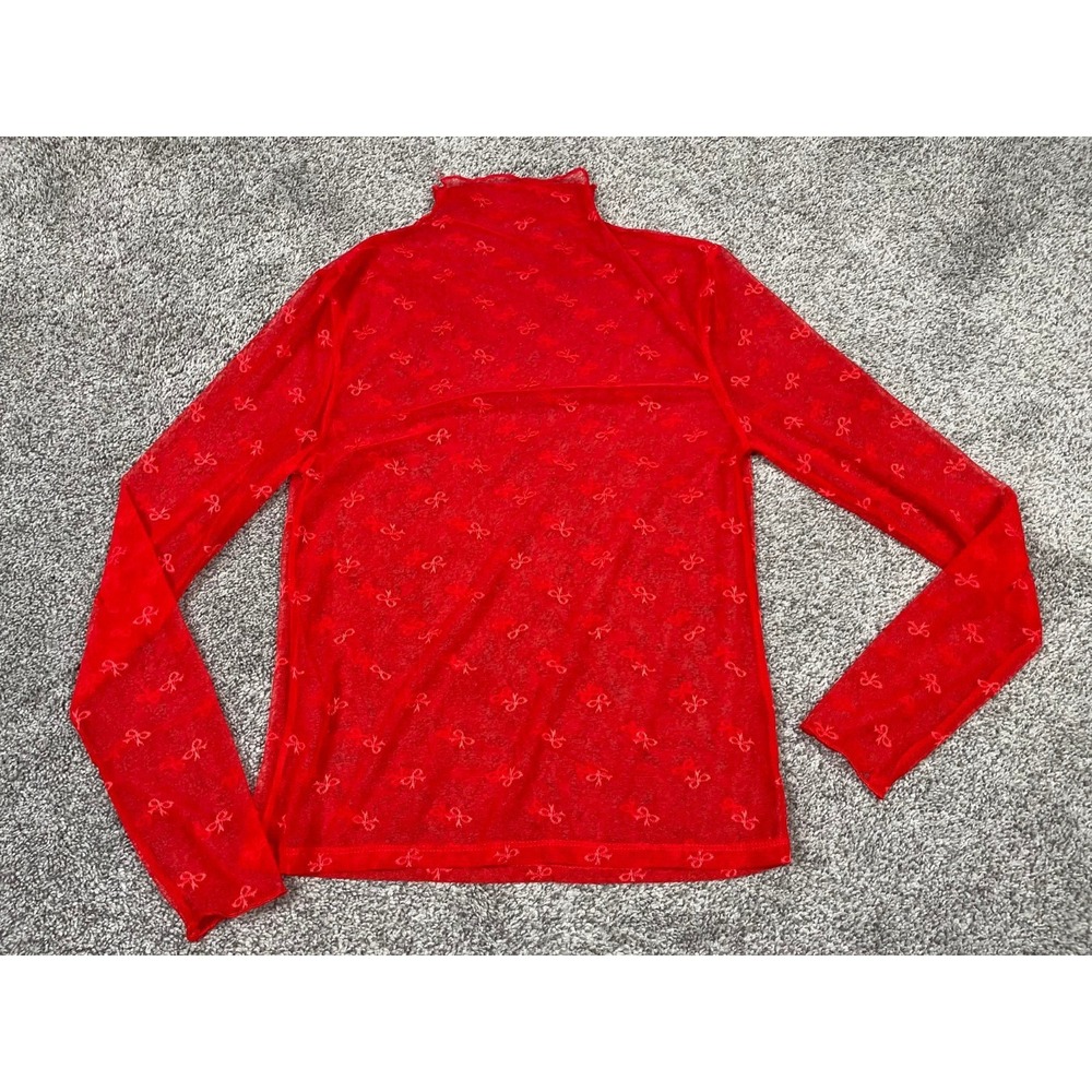 Womens Shirt XS Small Red Bow Sheer Mesh Long Sleeve Romantic Whimsy Fairy Sweet